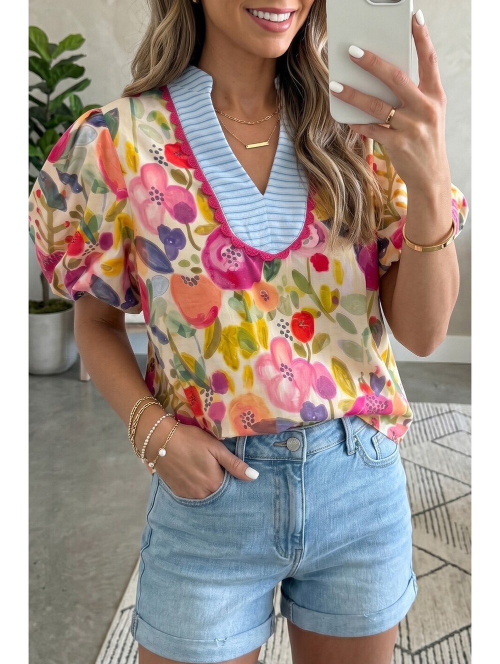 Floral Puff Sleeve Blouse with Striped V-Neck